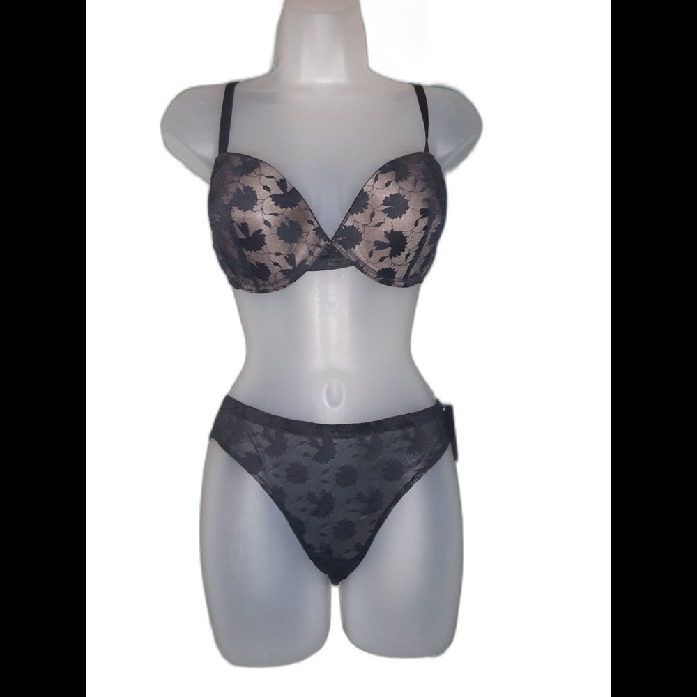 Youmita 38C Cafe Creme/Black Floral Lace Push-Up Bra & XL Seamless Lace Panty